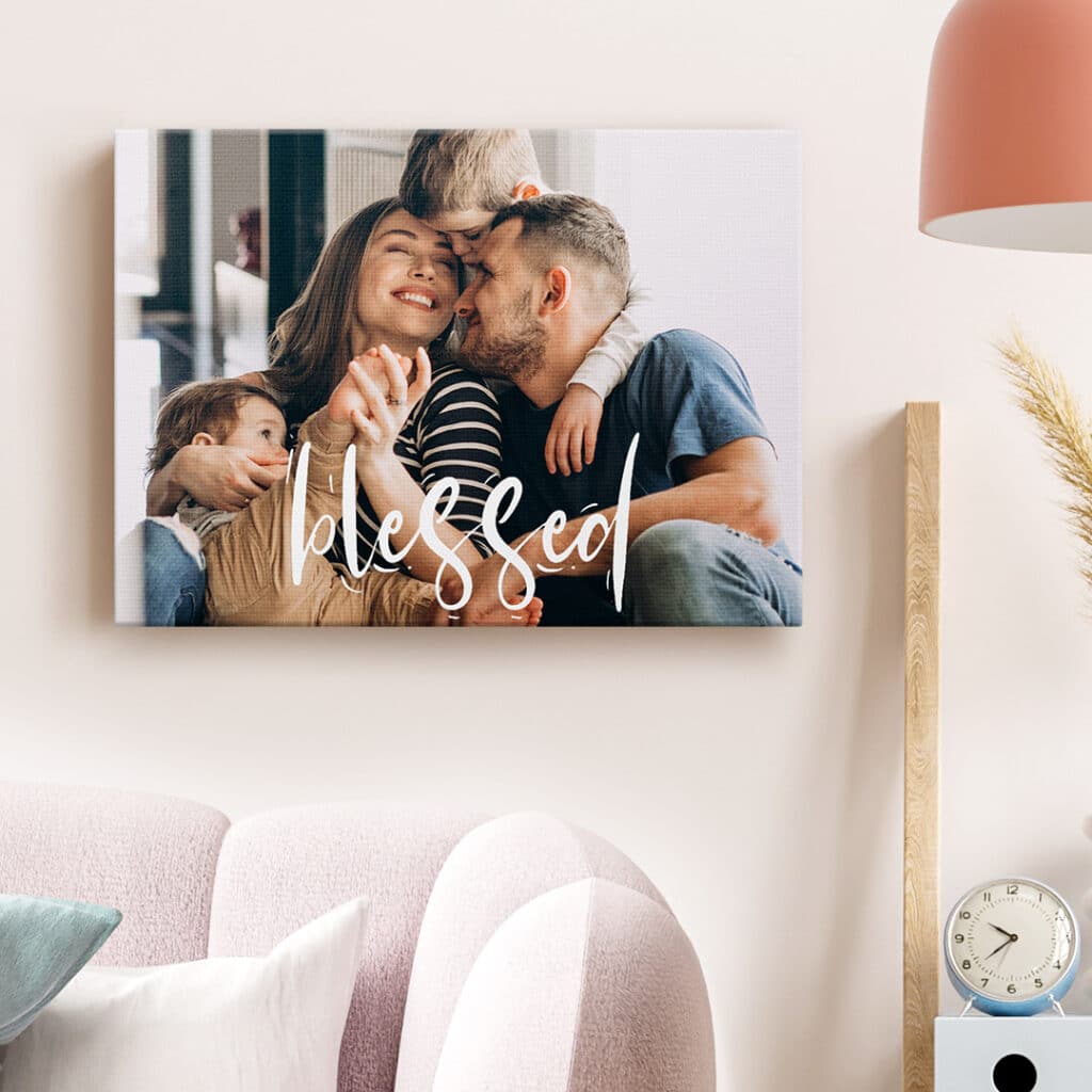 family picture printed on Snapfish canvas with word Blessed printed over the top