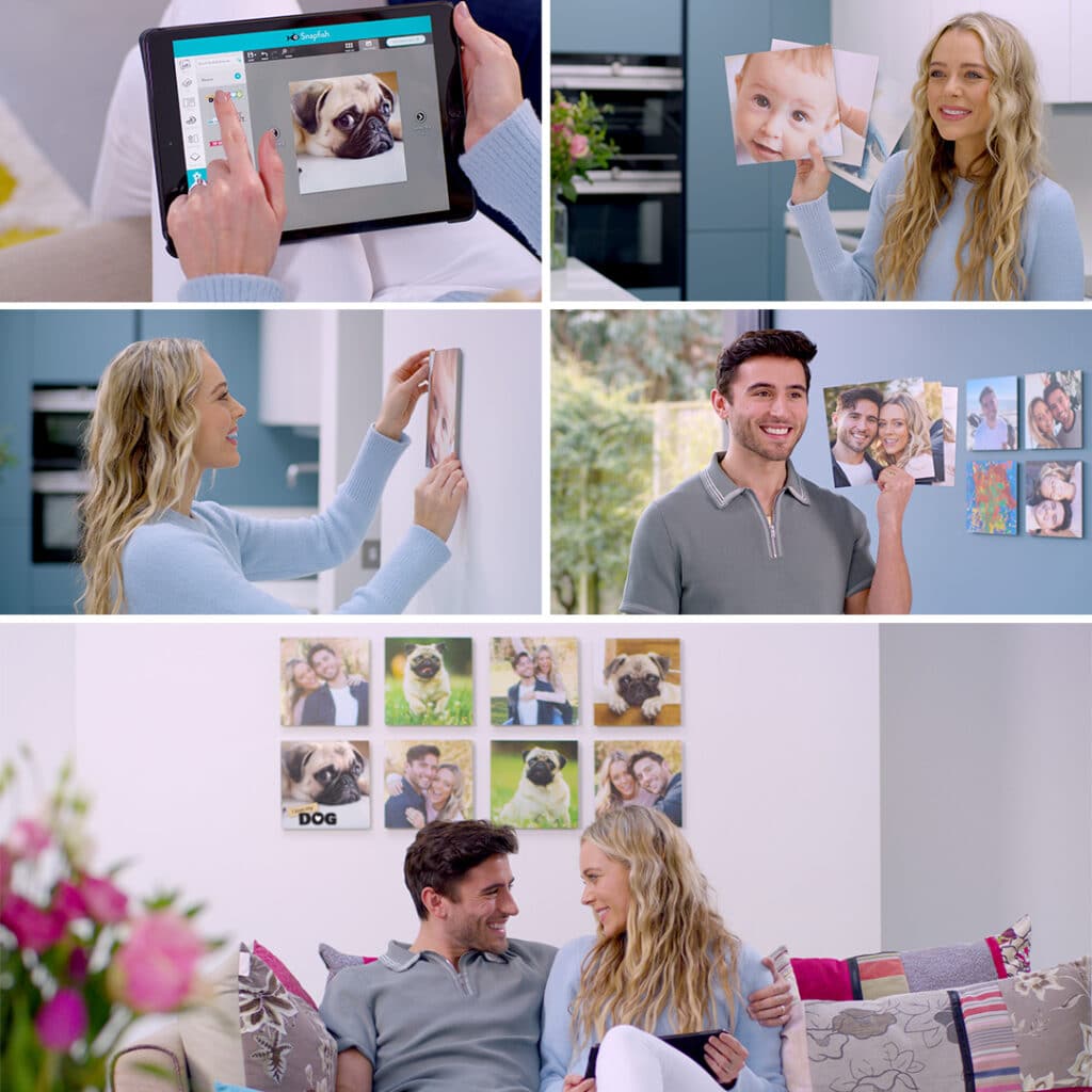 An image showing the process of ordering photo tiles from Snapfish and a happy couple displaying them in the house
