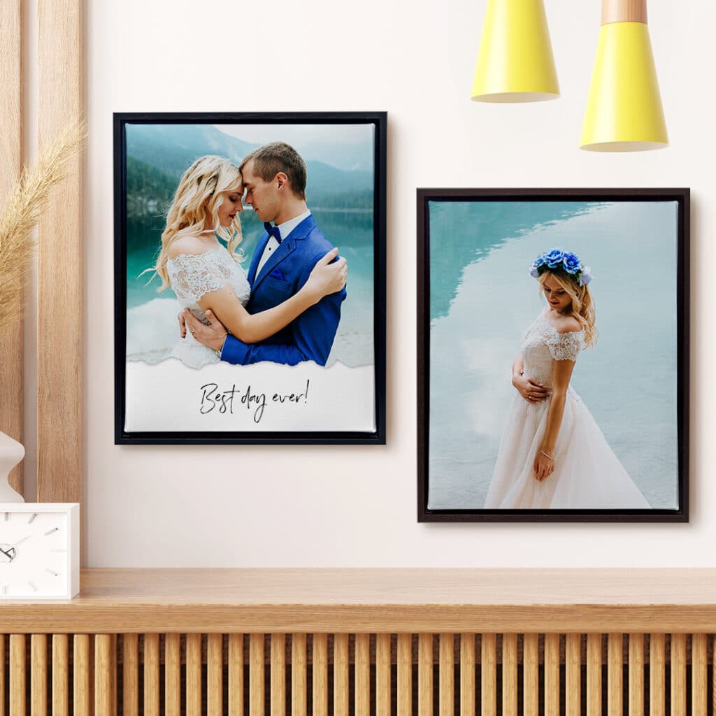 A pair of framed canvas prints with wedding photos inside