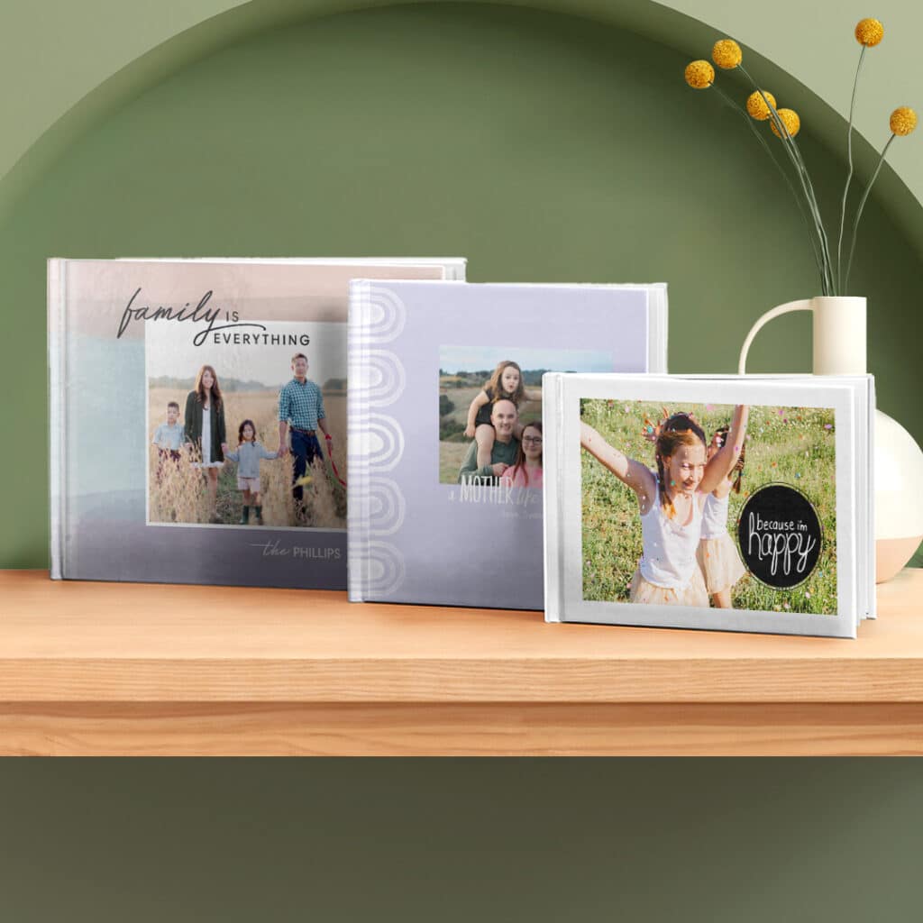 Selection of personalised photobooks on a shelf