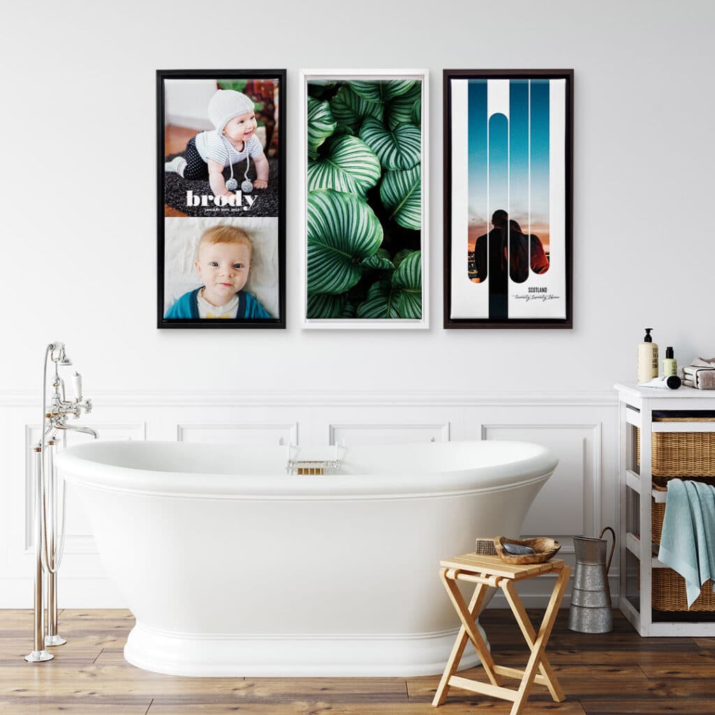 Framed Canvas Print on a wall above a bath tub
