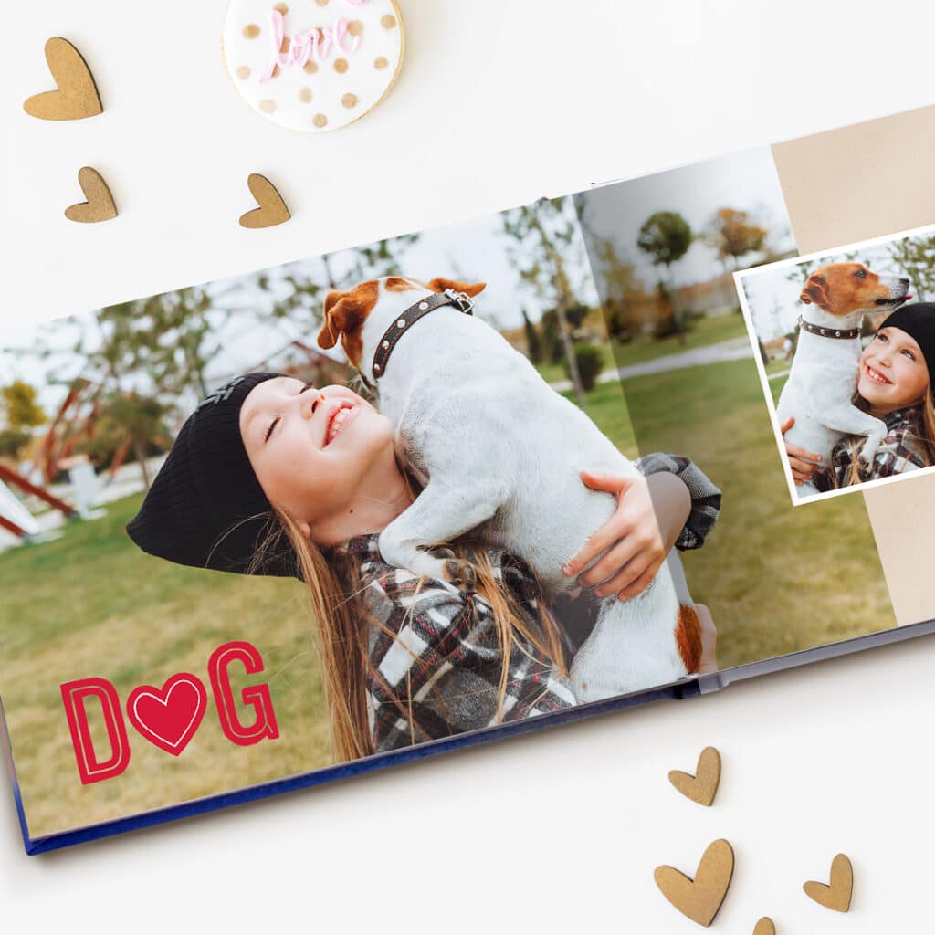 A photobook with a child and a pet