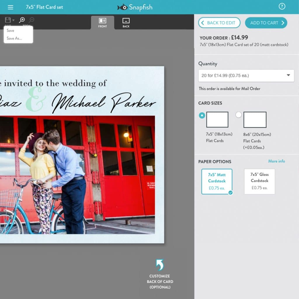 Customise wedding announcement cards in Snapfish builder with text and photos