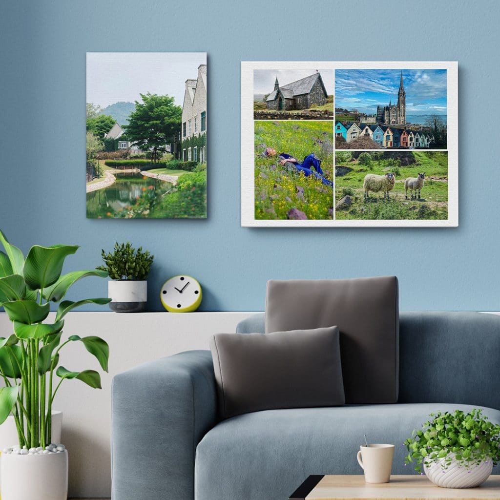 two canvases in living room showing local landmarks