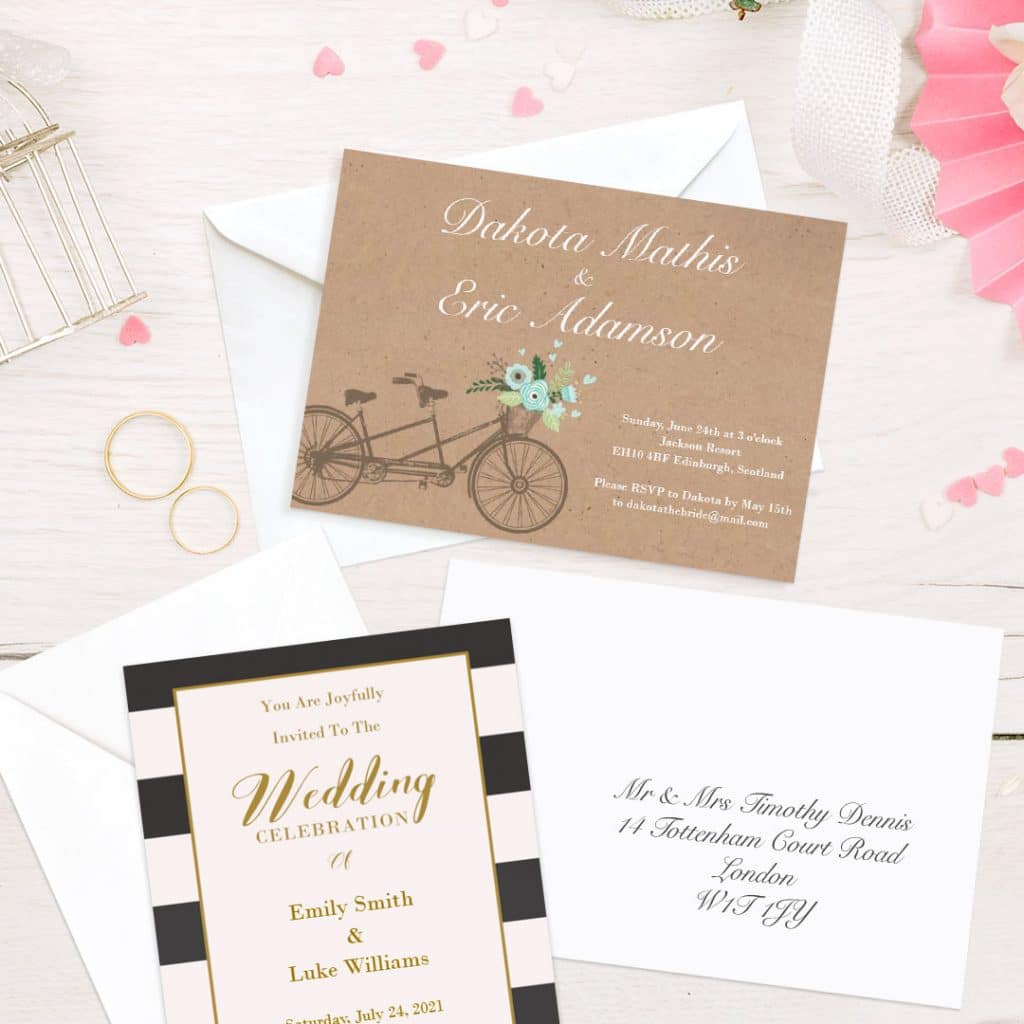 Selection of customised wedding cards with correctly addressed envelopes