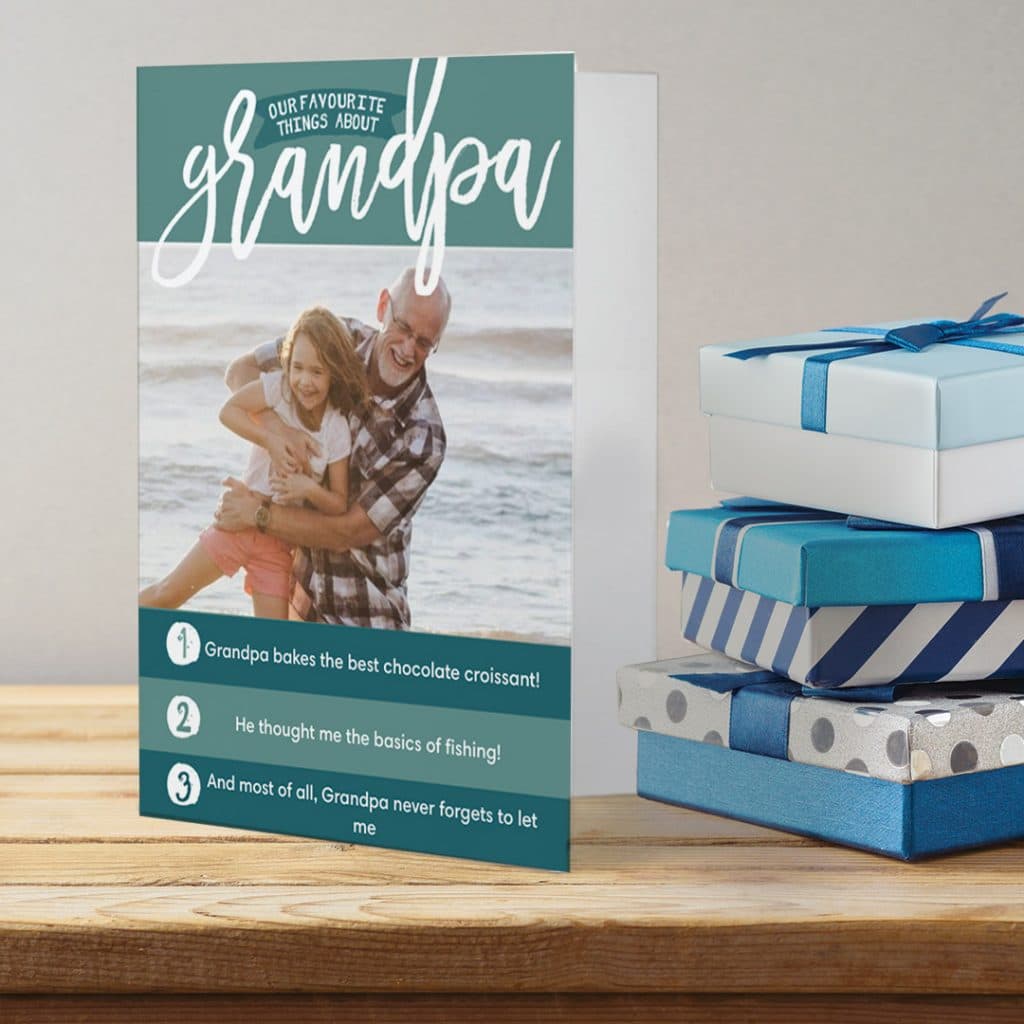 Favourite things about Grandpa card. Personalise with custom text and photos for Father's Day