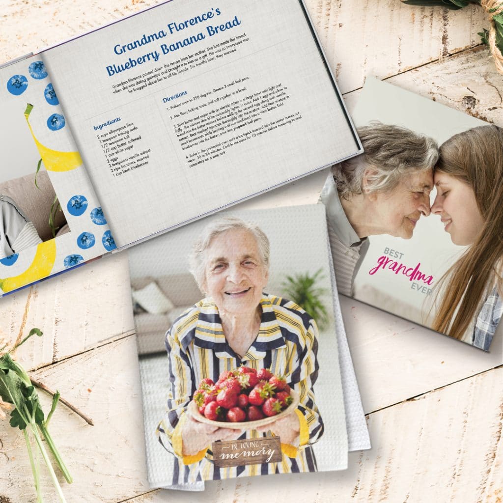 Create a lasting memory of special family recipes with these simple sympathy gifts - photo recipe books, tea towels and wall art recipes